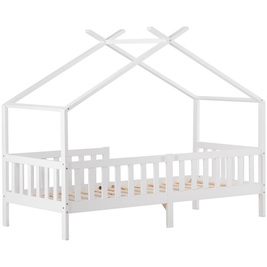 Beautiful house bed, children's bed solid wood with fence and slatted frame, children's and youth room with fall protection, white (200x90 cm)