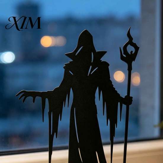 Dark Wizard Silhouette Ornament Wooden Gothic for Halloween Tabletop Decoration, Black Hollow Craft Windowsill Witch Statue with Scepter Home