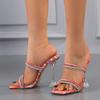 Liyke Summer Woman Slippers Fashion Crystal Rhinestone Strap Slides Mules Clear Strange Heels Sandals Ladies Wedding Shoes Pumps