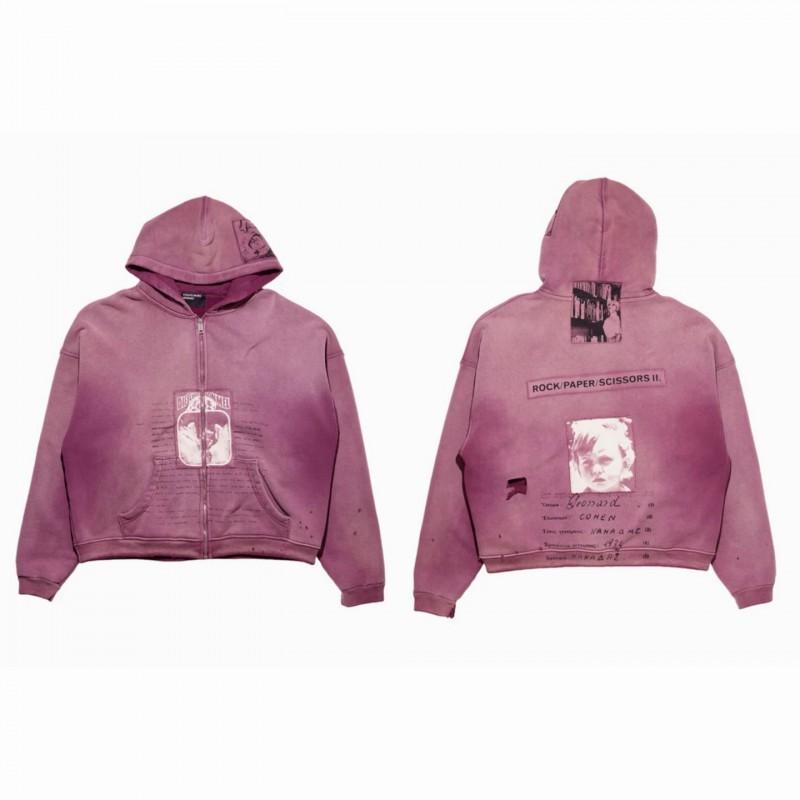 Mens Oversized Hooded Zip-Up Sweatshirt Vintage Washed Distressed Graphic Print Streetwear Winter Casual Pullover