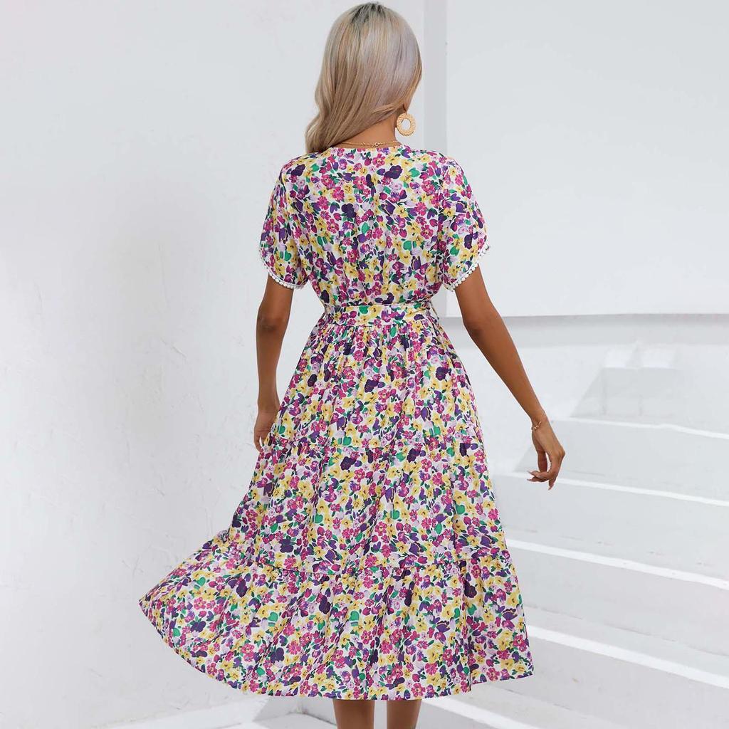 Женское летнее платье с короткими рукавами и высокой талией в этническом стиле на шнуровке