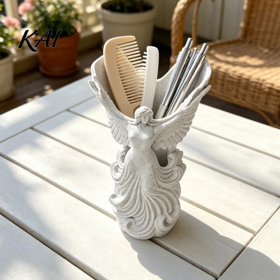 Decorative Resin Stationery Stand 3D Printed Angel Wings Vase & Pen Holder, Sculpture Winged Holder Desktop Decor, Multi?Functional Dry Flower Vase,