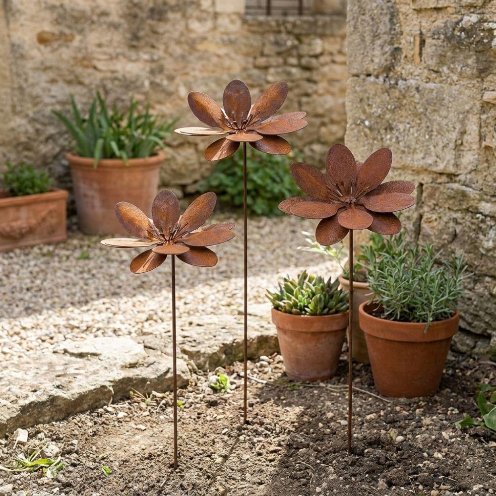 Cast Iron Flower Garden Stake Vintage Flower Yard Art Decor Landscaping Rustic Plant Stakes Lawn