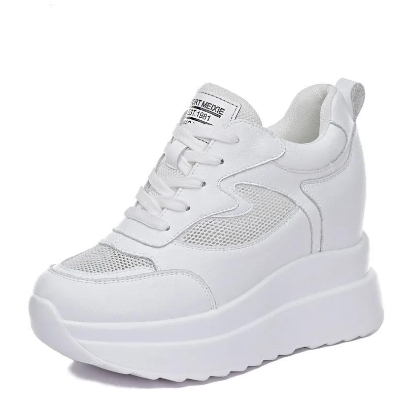 Модные Новые Увеличенные на 10 см Кроссовки из Натуральной Кожи Обувь на Платформе Клиновидный Скрытый Каблук Туфли Теплый Мех Модные Кроссовки Женская Зимняя Обувь