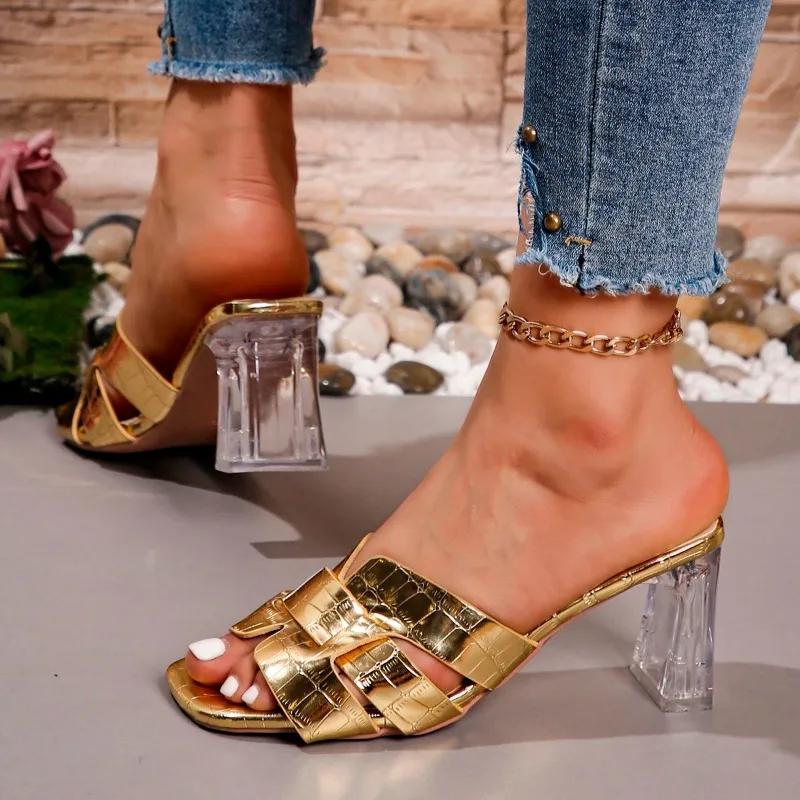 Распродажа модной женской обуви 2024 года. Модные женские тапочки с квадратным носком. Летние туфли с открытой пяткой. Однотонные туфли на толстом каблуке. Тапочки больших размеров.