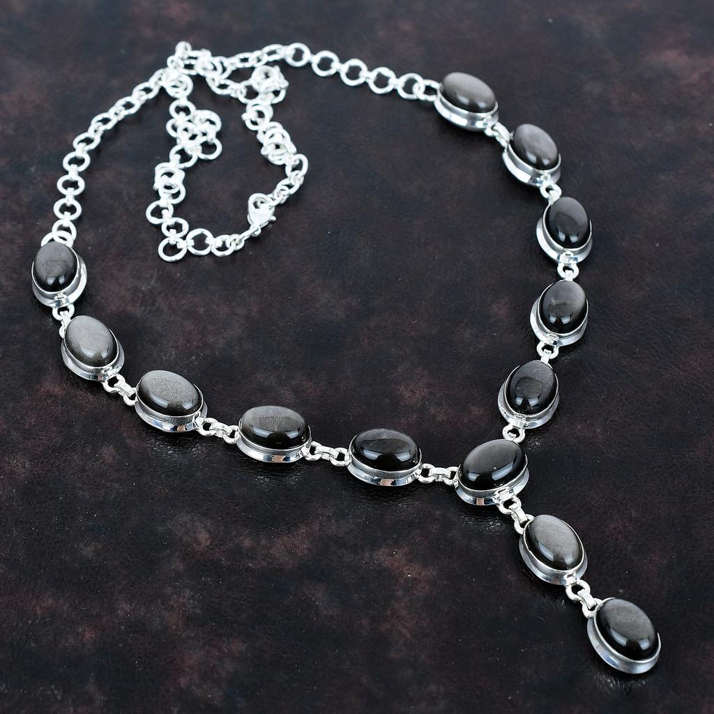 Silver Sheen Obsidian Necklace 925 Sterling Silver Necklace Adjustable Chain Necklace Handmade Gemstone Necklace Gift for Her Unique Jewelry