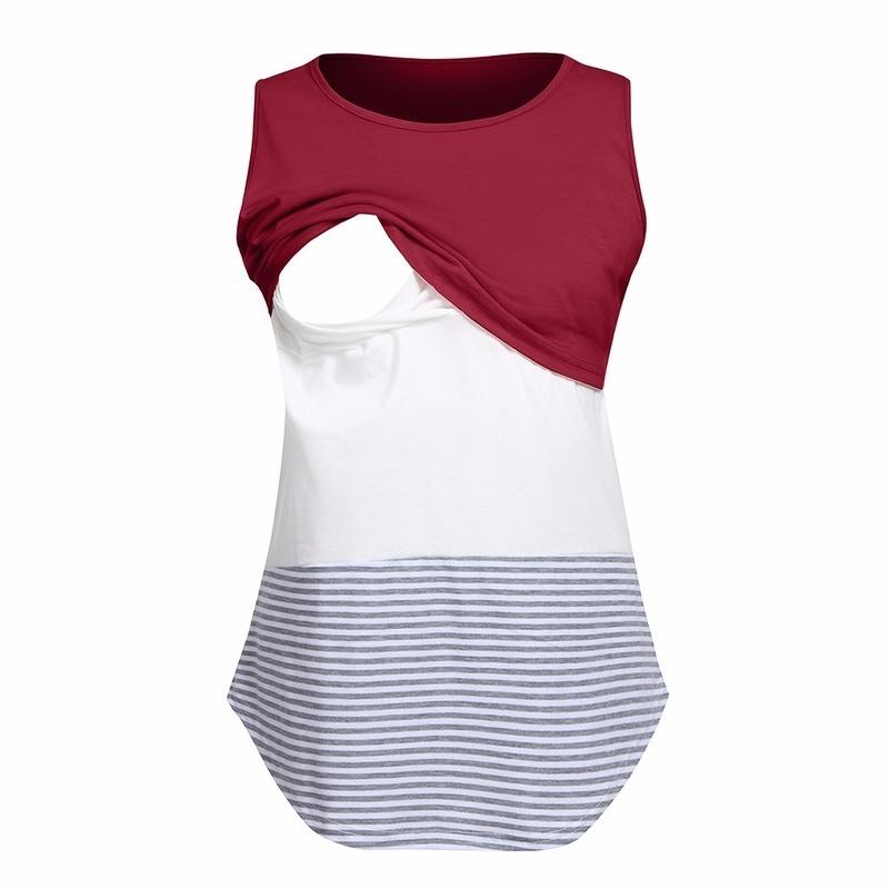 Women Convenient Lactation Pregnant Nursing Round Neck Sleeveless Stripe Gravida Clothing Maternity Shirt