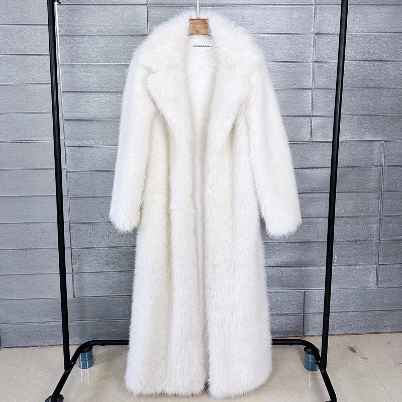 Women's Extra Long Faux Fur Coat with Suit Collar