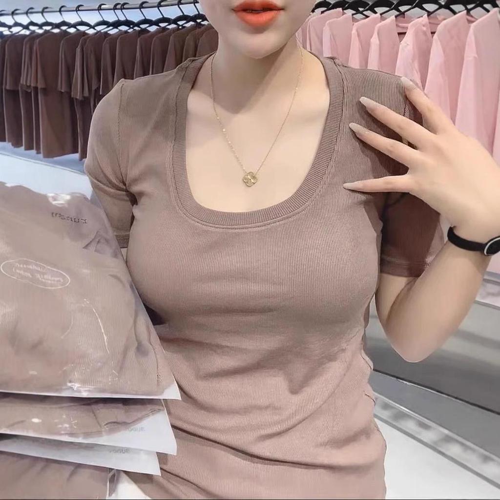 Футболка облегающего кроя розового цвета в корейском стиле 2025 года: Девять цветов, овальный воротник, короткие рукава, универсальный, прошитый хлопок для чистого желания