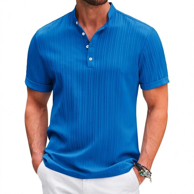 Men's White Vertical Textured Henley Neck Short Sleeve Shirt