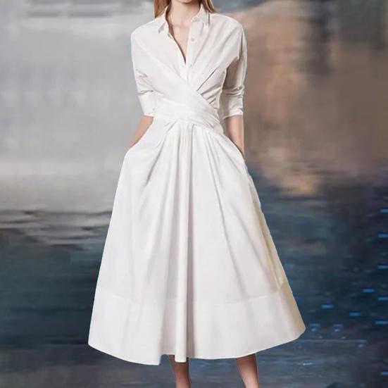Женское однотонное платье-рубашка со средней посадкой, v-образным вырезом, длинными рукавами, поясом, пуговицами, полупланками и карманами, свободное подол, платье миди, рабочая одежда