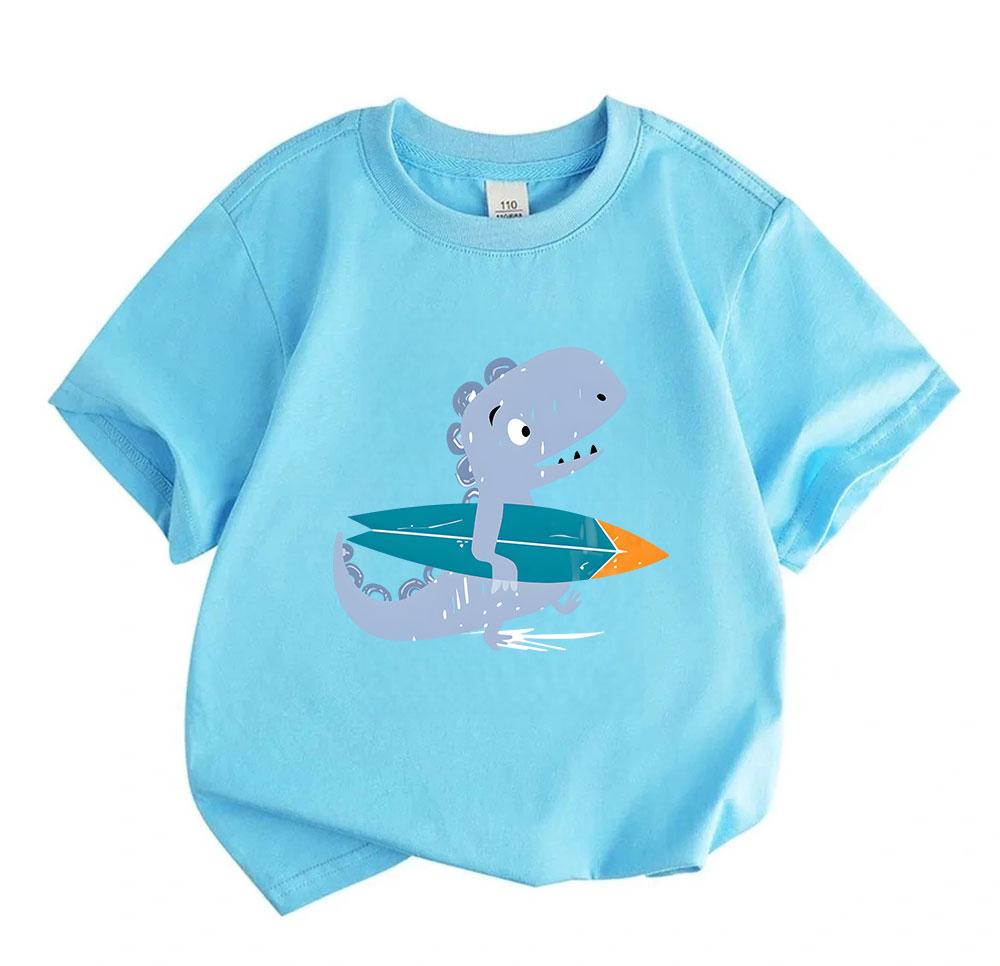 Toddler Kids Boys Girls 100% Cotton Crew Neck Short Sleeve T-Shirt, Cute Surfing Dinosaur Graphic Casual Lightweight Tees for Summer Daily Holiday Bea