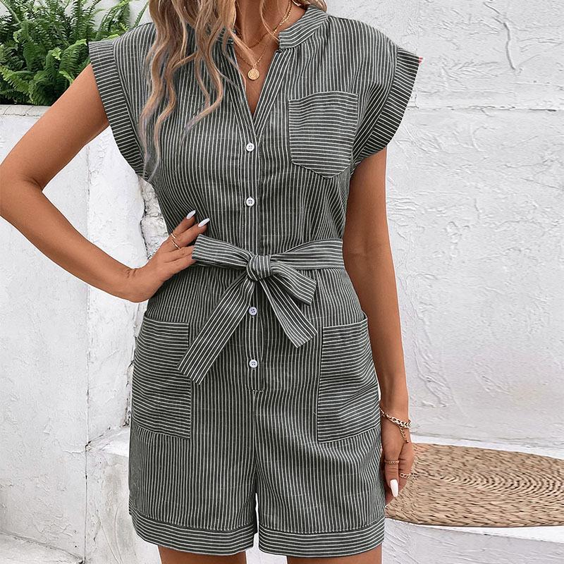 Summer Women Rompers Solid Color Playsuits Short Sleeve One-piece Shorts