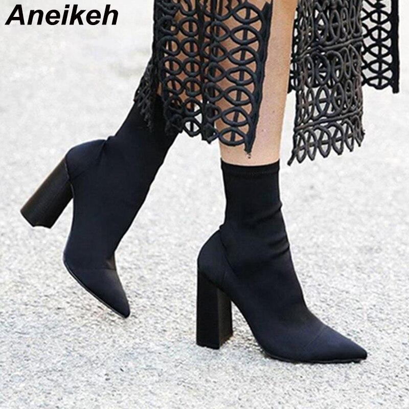 Aneikeh/Модные ботильоны с острым носком, женские эластичные ботинки челси на высоком каблуке, туфли без шнуровки на толстом каблуке, черные, весна/осень 2024