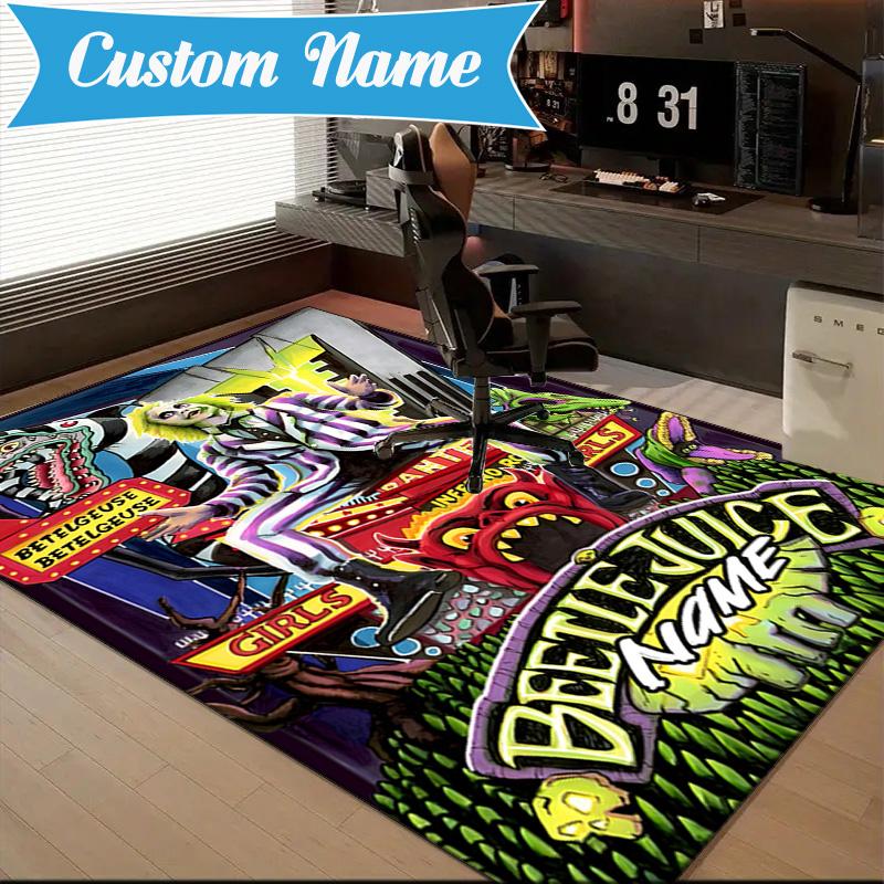 Custom Name Beetle-juice Movie Art Rug for Living Room, Game Rooms, Office, Bedroom, Floor Mat Playful Design, fan gifts Christmas decor