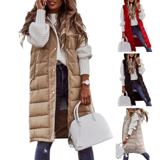 Women Vest Coat Padded Solid Color Sleeveless Hooded Drawstring Single-breasted Mid Length Slim Fit Zipper Hem Pockets