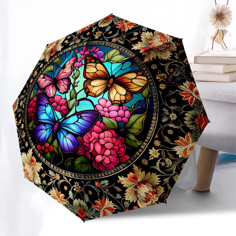 Butterfly Color RetroThemed Automatic Opening and Closing Umbrella - 8 Ribs, Suitable for Leisure and Going Out, Outdoor Accessory, Gothic S