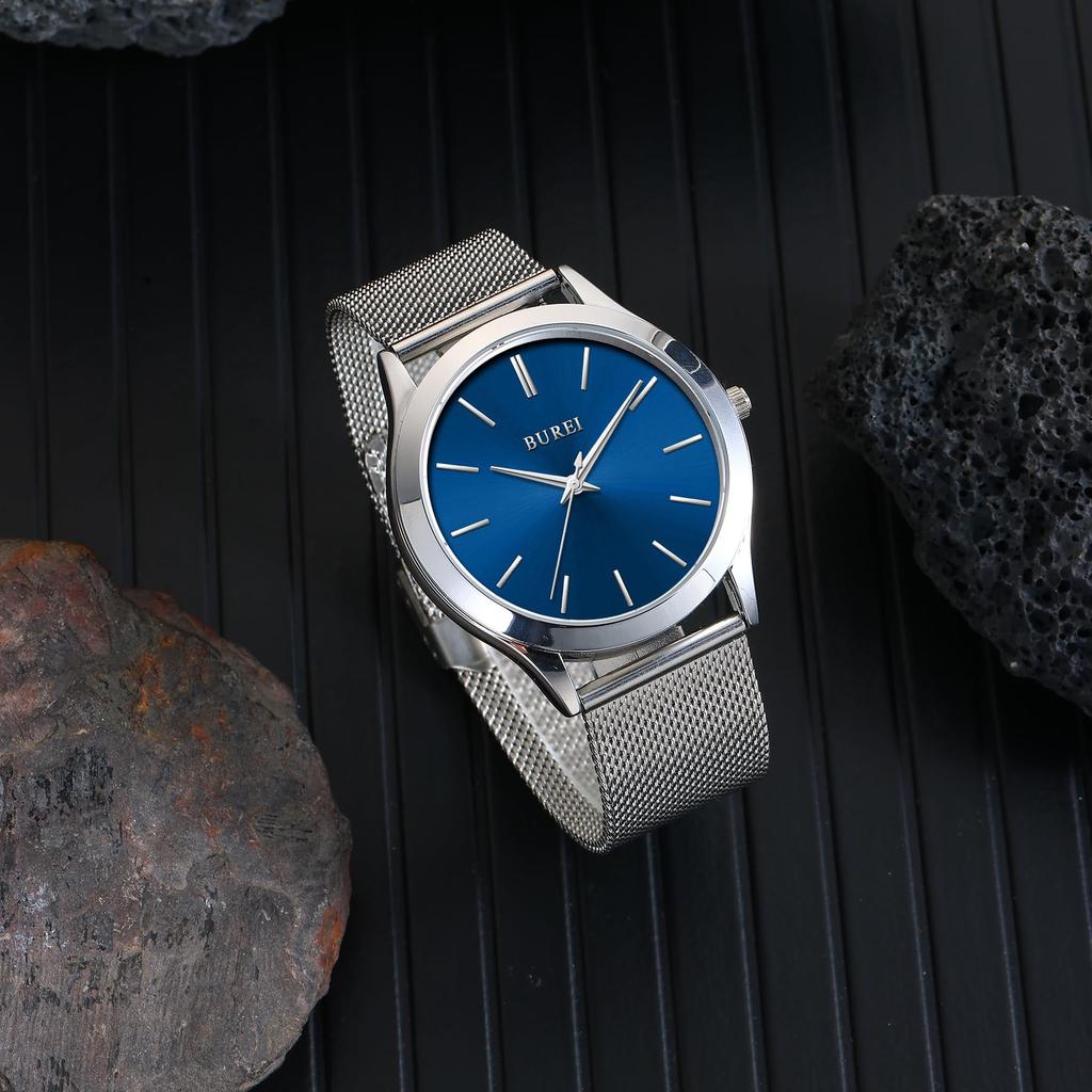 BUREI Мужские аналоговые кварцевые часы, Водонепроницаемые, Сетчатый браслет, Серебристые, Популярные, Тонкие, Простые, Стильные, Деловые, Повседневные, Мужские часы (Синий, Нержавеющая сталь)