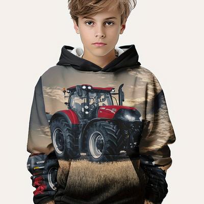 Толстовки с 3D-принтом Farm Tractor для мальчиков — повседневный графический дизайн с эластичной тканью для удобной носки весной/осенью