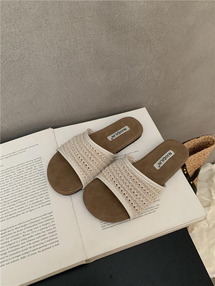 Summer Lazy Wind~ Woven Cross-Strap One-Word Slippers Women's 2025 Summer New Vacation Wind Flat-bottomed Cool Slippers