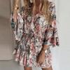 Fashion Women's Casual V-Neck Printed Long Sleeve High Waist Printed Dress