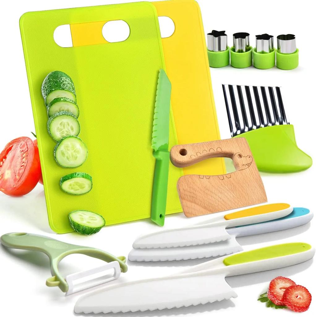 17 Pieces Kids Cooking Set Real Montessori Kitchen Tools Toddler Safe Serrated Edges with Plastic Knife Cutting Board Scissors
