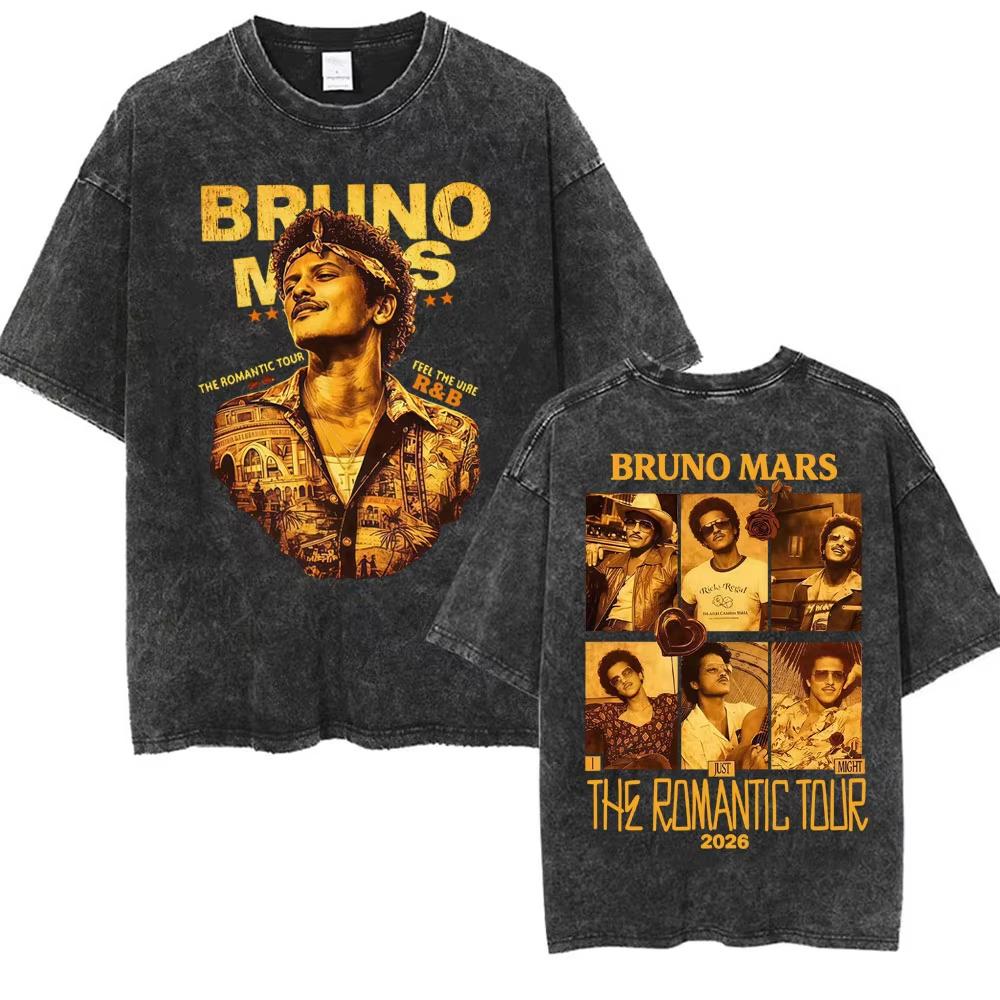 Bruno Mars Romantic Tour Concert Vintage Washed Tee Shirt Mens Women Fashion Hip Hop Tshirt Summer Top Oversized T Shirts