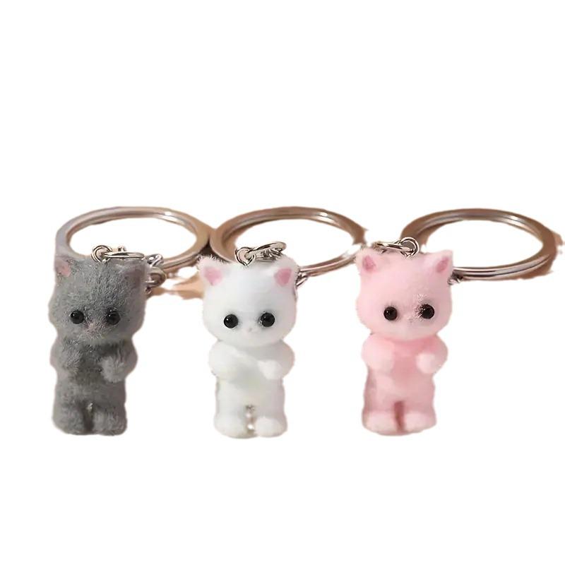 3D Resin Flocked Cute Kitten Keychain Pendant Charm