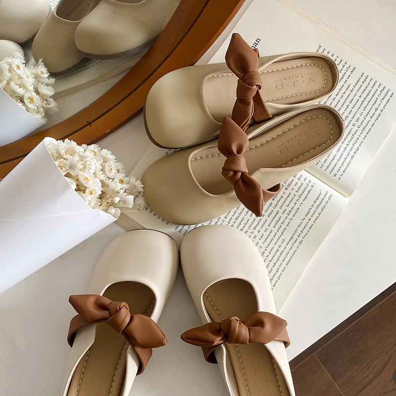 Bow Soft Bag Head Half Slippers Women's Outer Wear 2025 New Lazy One-pedal Flat-bottomed Cool Slippers Women