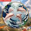 2D Flat 20*20cm1pc Retro Pink Dolphin&wave Design Traditional Japanese-style Round Ornament, Suitable for Vintage Decorations In Bars, Cafes