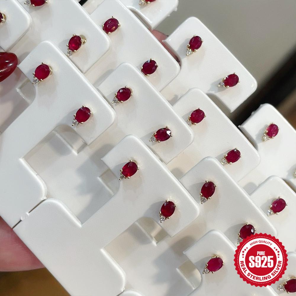 Серьги-гвоздики с рубиновым цирконием, женские, из стерлингового серебра S925, с двойной бриллиантовой пряжкой в стиле ретро, креативные, маленькие серьги-гвоздики