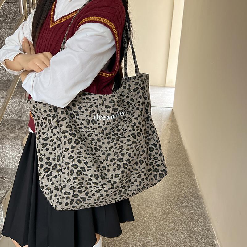 Niche Leopard Print Canvas Tote Bag Women's Bag Casual Large Capacity Fashion Handbag Korean Version Foreign Style Shoulder Messenger Bag