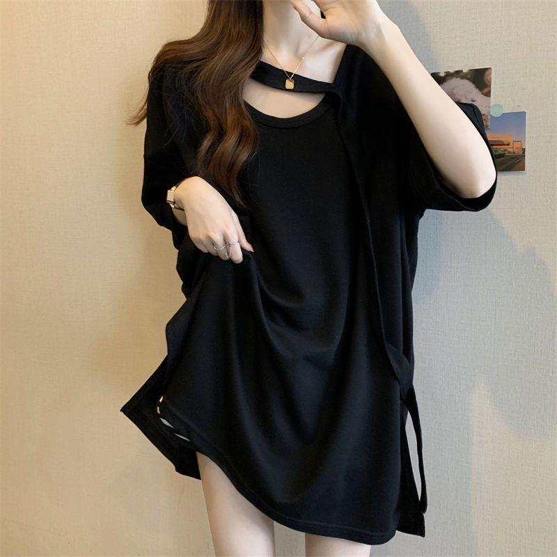 Women's Plus Size Medium-Length Short-Sleeve T-Shirt, Loose Slimming Fit with Drop Shoulder Sleeves - Summer Base Layer Top