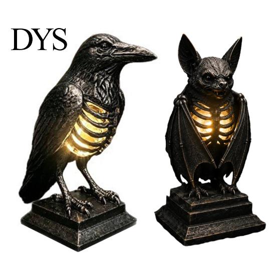 Dark Punk Room Decor Gothic Halloween Table Lamp, Spooky Raven Bat Skeleton Vintage Unique Gifts for Goth Lovers Resin LED Night Light Party, Tabletop