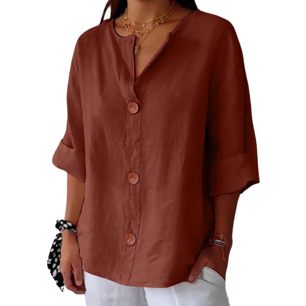 Women's Fashion Casual V-Neck Buttoned Seven Sleeve Cotton Linen Top