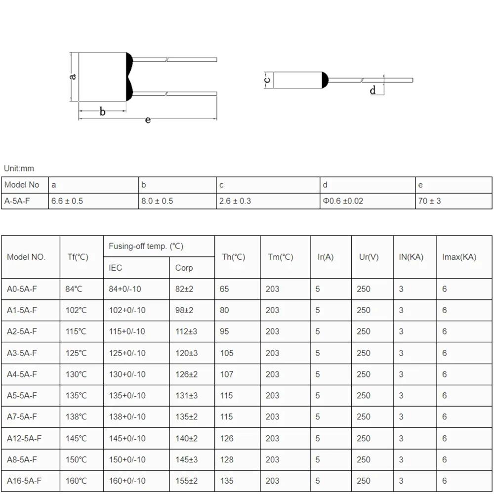 50 шт. A1-5A-F тепловой предохранитель TF Cutoff 102C 102 градуса 5A 250V RH квадратный температурный переключатель управления
