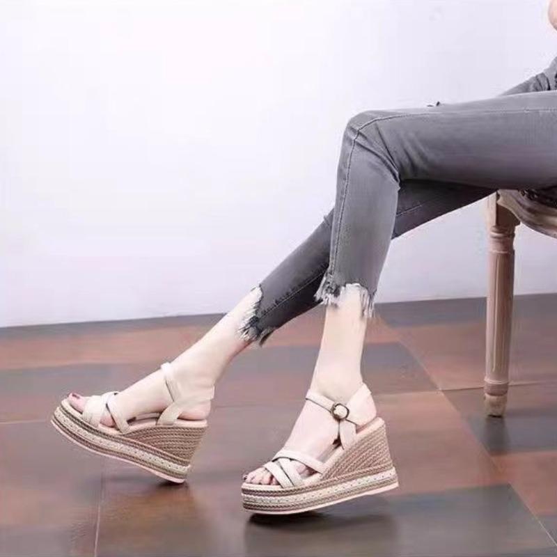Fashion Woman Shoes Wedge With Platform Waterproof Leather Outdoor Sandals for Women Beige Original Summer 2024 Offers Sale H Luxury On