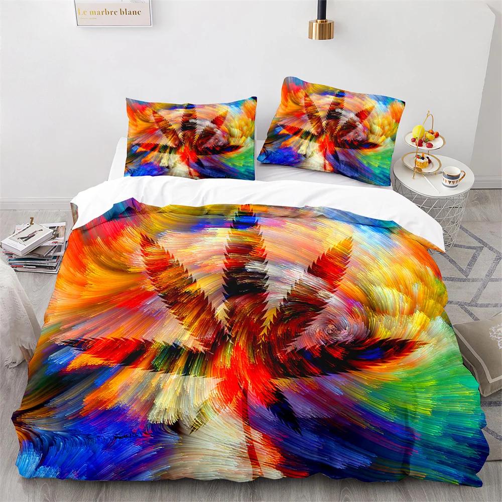 Weed Green Leaf Duvet Cover Watercolor Purple Blue Polyester King Queen Maple Leaf Duvet Cover For Women Men Bedroom Decoration