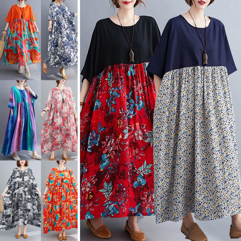 Женское хлопково-льняное платье с цветочным принтом и карманами до середины икры, свободный круглый вырез с короткими рукавами, повседневные размеры больших размеров