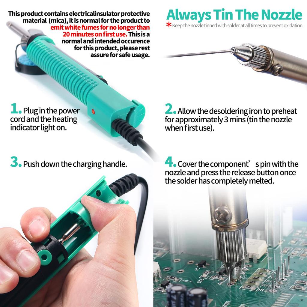 929D-V Electric Desoldering Soldering Iron Solder Sucker Desoldering Pump with Shorter Charging Handle and Desoldering Nozzles 1.0mm 1.2mm