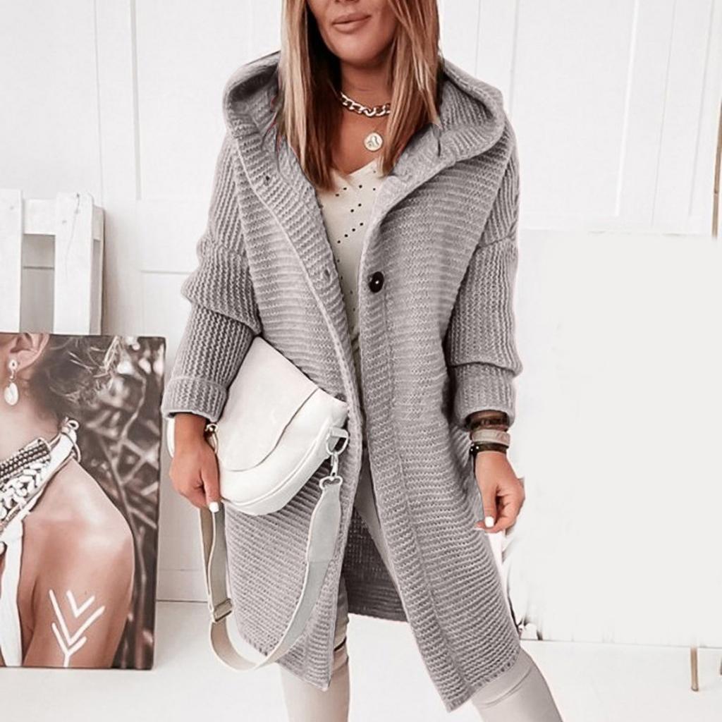 Women's Hooded Knitted Cardigan Solid Color Long Sweater Coat Thickened Winter Warm