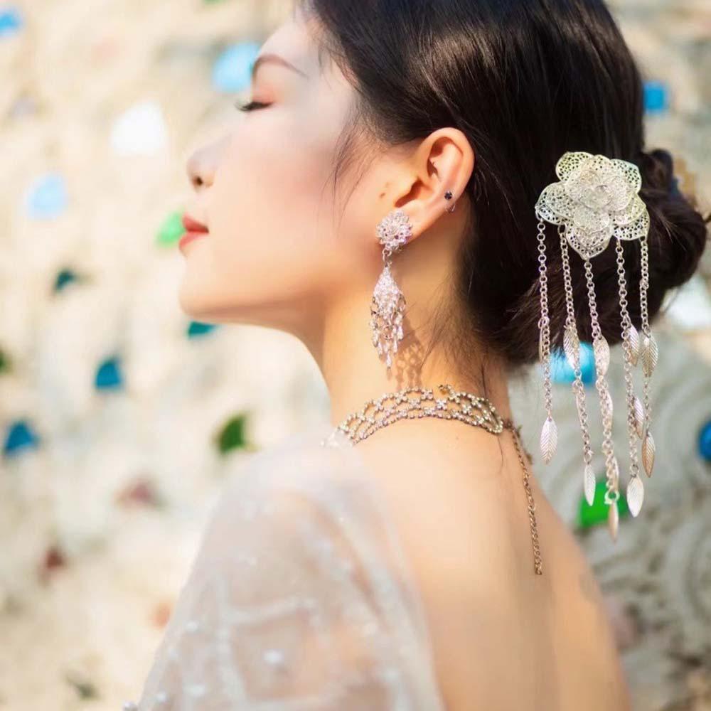 Ethnic Style Golden Tassels Hair Fork Ancient Silver Rose Hair Sticks  Wedding