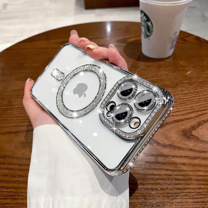 High-grade Glitter Rhinestones Phone Case For iPhone 16 15 11 12 13 14 Pro Max 16 Plus Magsafe Magnetic Clear Lens Protect Cover