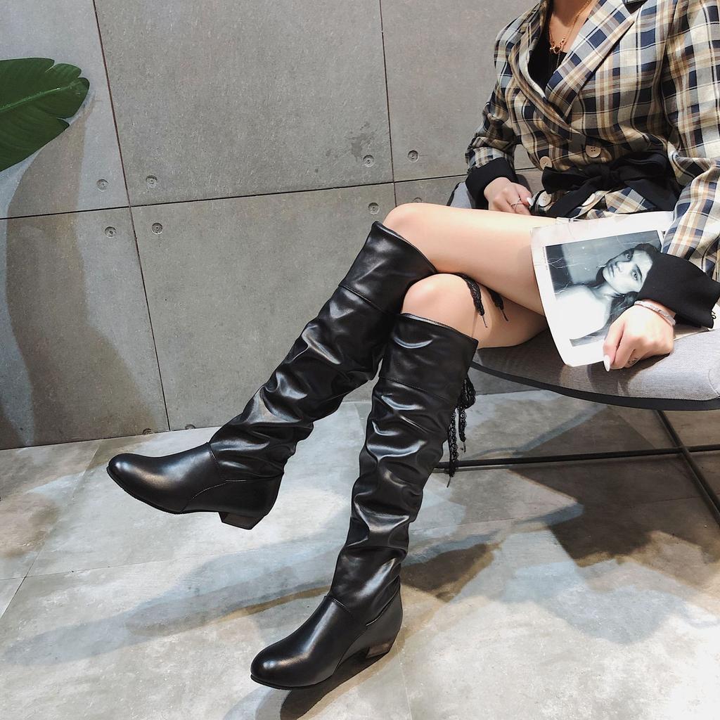 Boots autumn and winter new trendy low heel round head boots large size knight boots