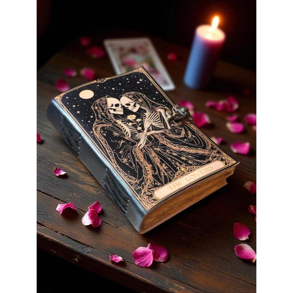 Book of Spells Grimoire Printed Journal The Lovers Tarot Notebook Spiral Gothic Notebook Skull Lover Antique Journals Gifts for Men or Women