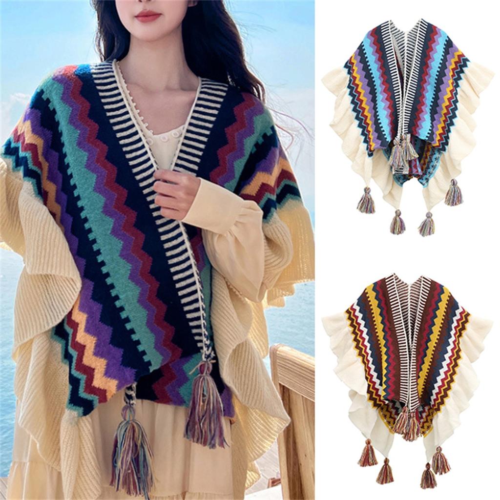 Womens Ethnic Retro Head Cape Thick Color Striped Shawl Scarf