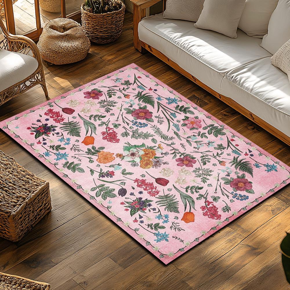 Pink Floral Bohemian Area Rug, Flower Pattern Non-Slip Carpet, Soft Living Room Mat for Cozy Home Decor