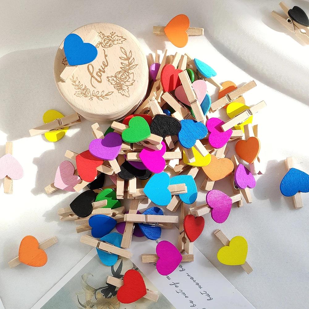 10/50pcs Red Heart Love Wooden Clothes Photo Paper Peg Pin Mini Clothespin Postcard Clips Home Wedding Valentine's Day Decorati