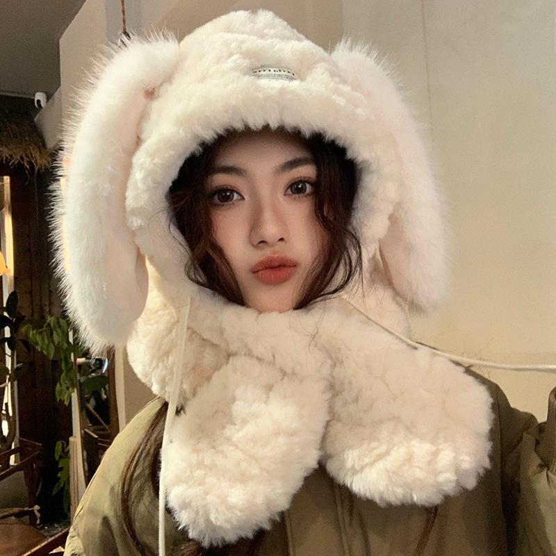 Милая и модная плюшевая шапка с длинными кроличьими ушами в корейском стиле для женщин, теплая и универсальная, подчеркивающая лицо, с защитой ушей и шеи