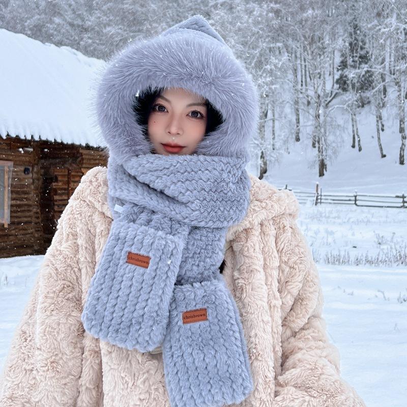 Plush Hat Winter New Hat Scarf Gloves Three Piece Set Integrated Korean Version Cute Thickened Velvet Warm Travel